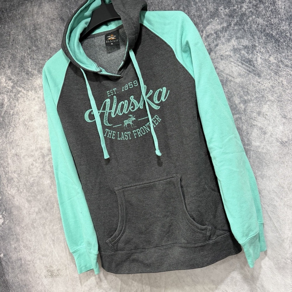 Prairie Mountain Alaska Hoodie XL Gray Teal The Last Frontier Pullover Womens